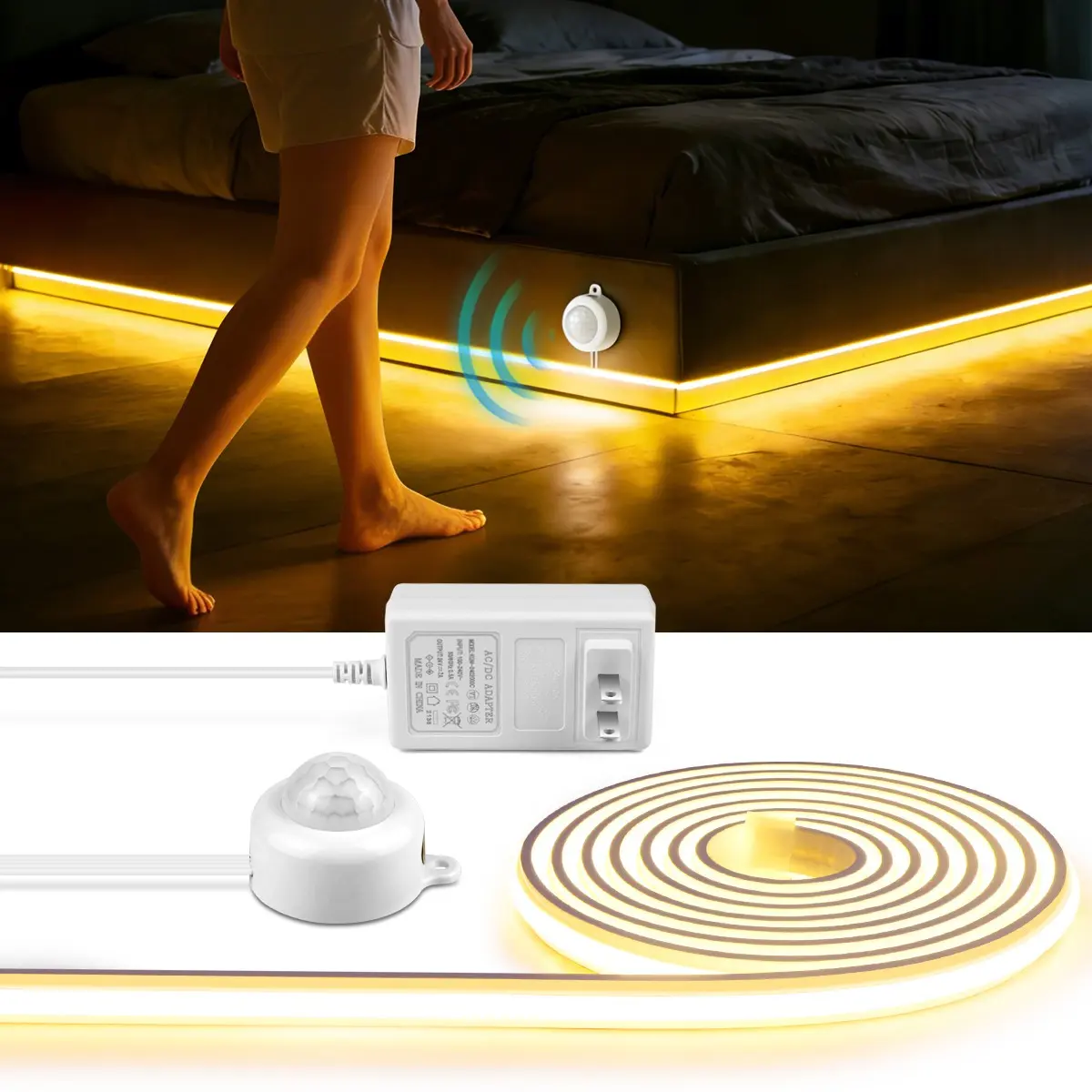 Smart Pir Motion Sensor Switch 24v COB LED Strip Light, Automatic Motion Sensor, Auto On/off, Warm, Us Plug, Ideal for Stairs, Closet, Bedside Decor