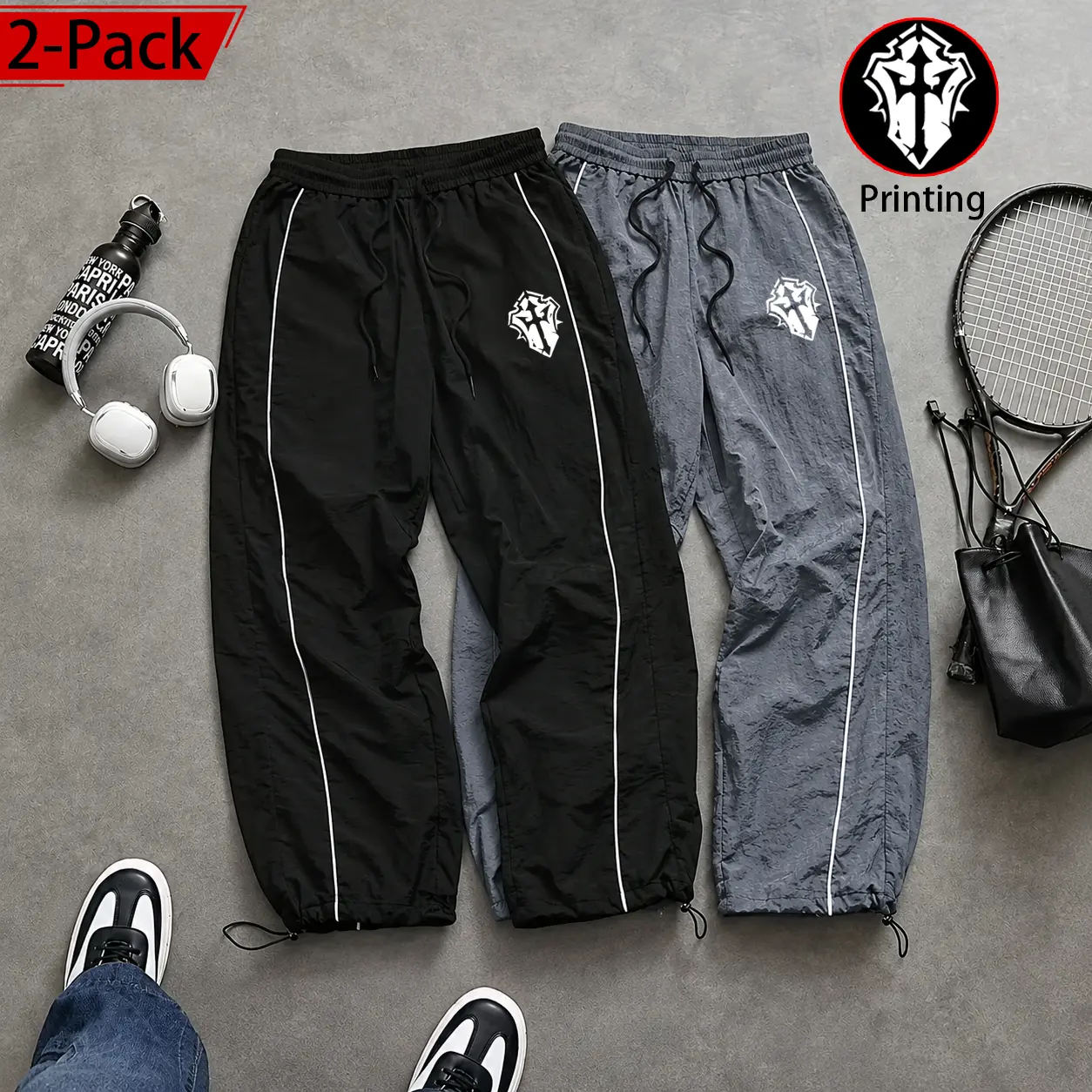 Pack of 1 or 2 pieces: Y2K-style unisex joggers with side stripes and cross shield print, drawstring elastic waistband, lightweight running jogger fit, tapered leg, casual street style, athletic pants suitable for summer everyday wear, sports, and outdoor