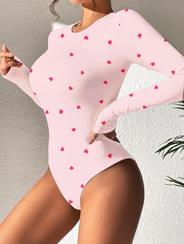 2026 Spring/Autumn New Women's Warm Bodycon Long Sleeve Top, Pink Heart Print Bodysuit with Round Neck, High Elasticity Slim-Fit Jumpsuit - Machine Washable, Suitable for Casual and Formal Occasions, Shaping Base Layer, Daily Wear Valentine's Day
