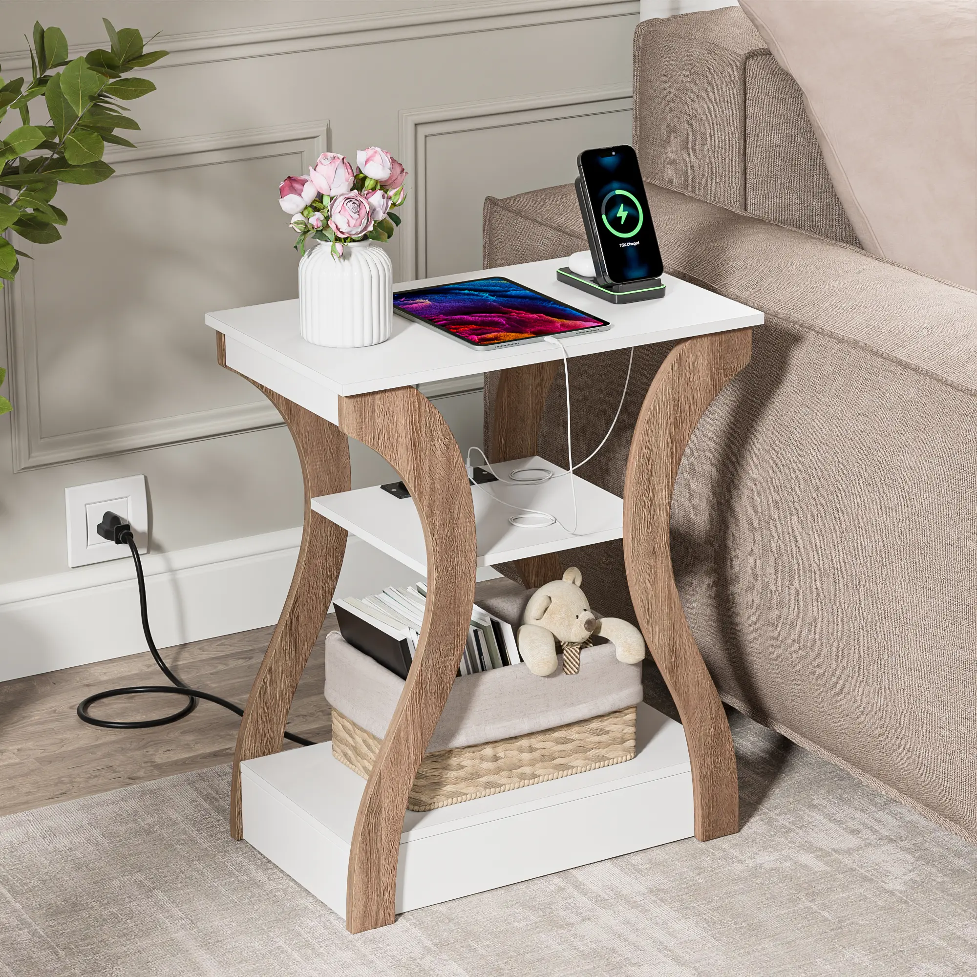 Segawe Contemporary Engineered Wood End Table - Glamorous Curved Wood Nightstand, Modern Bedside Table with Charging Ports, USB Ports, Bedroom Storage, Indoor Furniture Piece, Contemporary End Table,summerwins