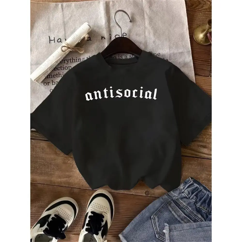Women's Antisocial Graphic T-Shirt in a Dark Academia Style, Smooth Cotton with a Seamless Shortsleeve Design for Casual Wear, Graphics, Solid, Top