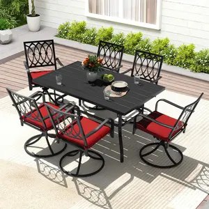 7PCS Metal Patio Dining Set with Umbrella Hole, Swivel Chairs with Cushions