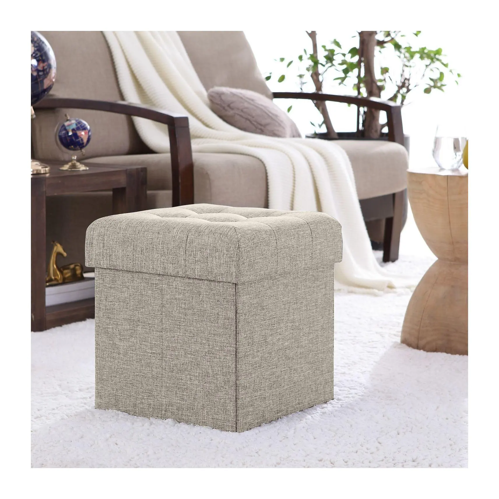 Ornavo Home Foldable Tufted Linen Square Cube Storage Ottoman Ornavo Home Foldable Tufted Linen Square Cube Storage Ottoman