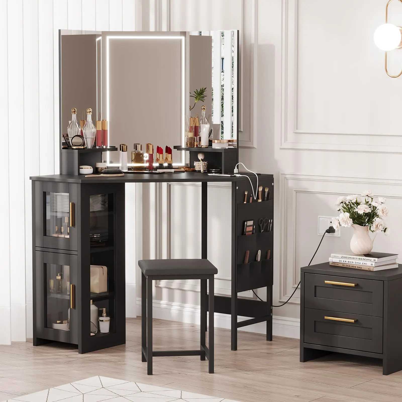 Corner Vanity Desk and Stool, Corner Makeup Vanity with LED Lighted Mirror Charging Station and Cabinet for Bedroom, BLack table, girl