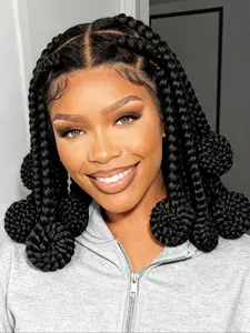 HD Full Lace Parting Braided Wig, Fashionable Boxing Braid Style, Ball Design at Hair Ends, Stylish and Trendy Hairstyle
