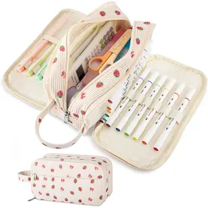 Cute Corduroy Pencil Case with Handle,  4 Compartment Multiple Pockets Aesthetic Pencil Pouch Organizer for Teen Girls, School & College Supplies (Beige Strawberry Bow)