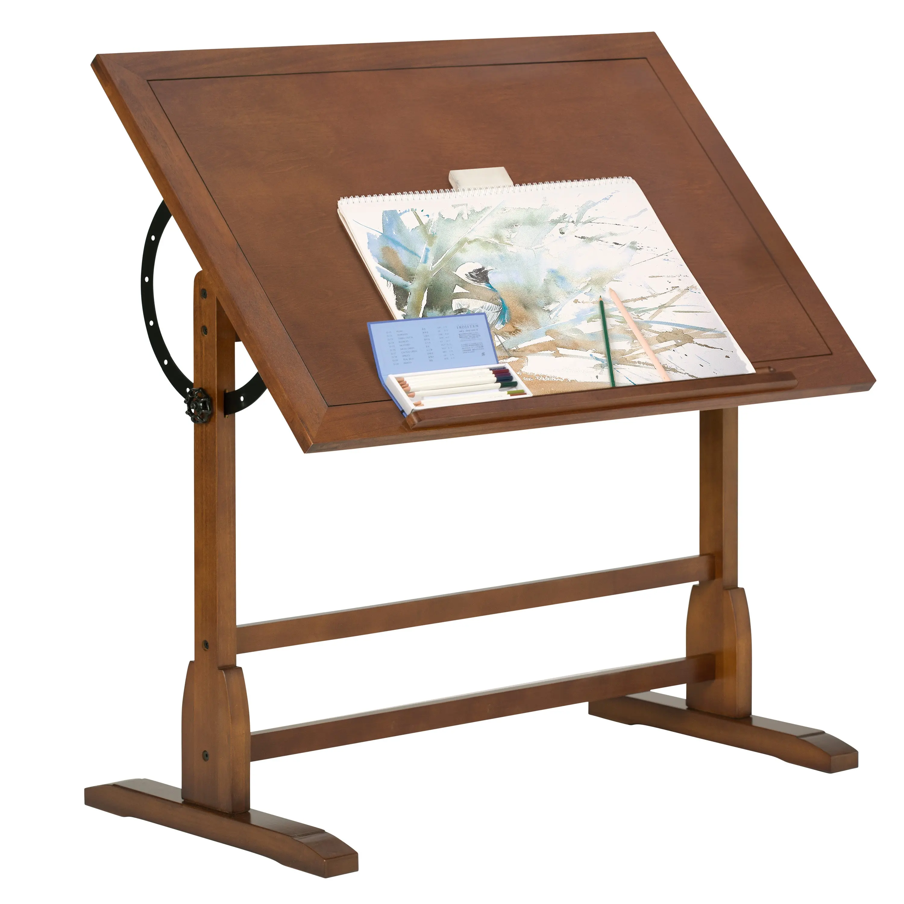 Vintage Solid Wood Drawing/Drafting Table with 42" x 30" Angle Adjustable Top, Rustic Oak 13305