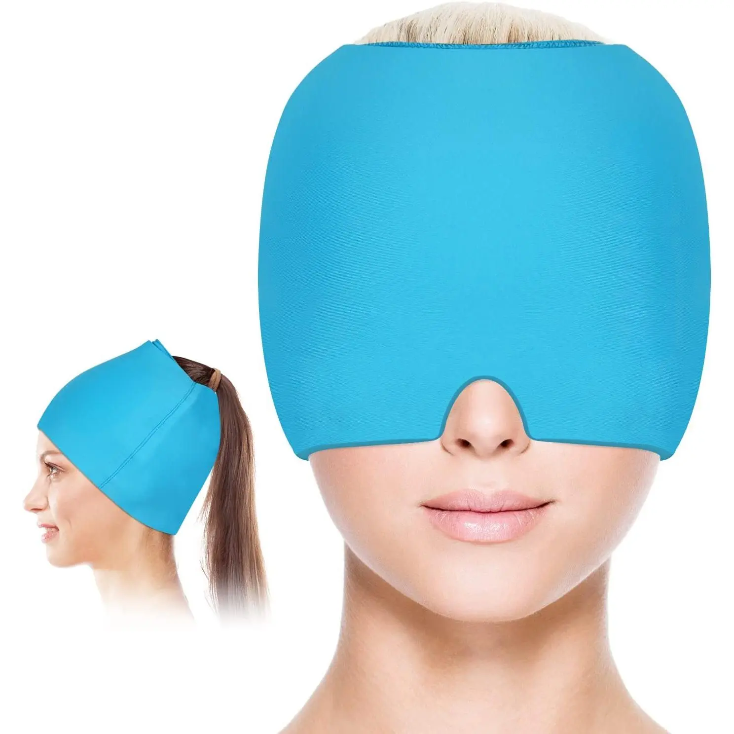 Head Ice Hat, Ice Cap for Head, Ice Head Wrap, Cold & Hot Therapy Reusable 360 Compression Flexible Ice Pack Wrap. Blue Lightweight Breathable Skull Beanie