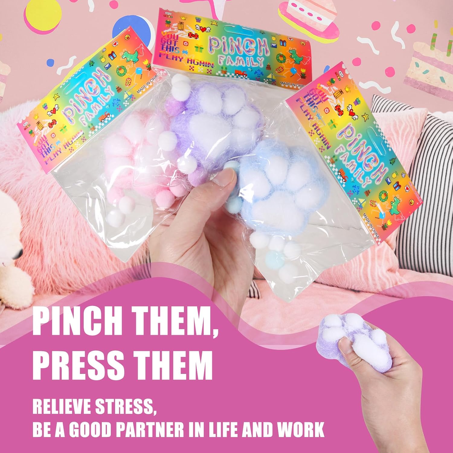 3PCS Cat Paw Squishy Toys – Large 3.15in Kawaii Fidget Squishies for Kids & Adults, Soft Sticky Squeeze Fur Ball Stress Relief Toy, Funny Jelly Novelty