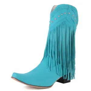 Mid Calf Fringe Boots For Women Cowboy Pointed Toe Chunky Heels Cowgirl Western Tassel Boots