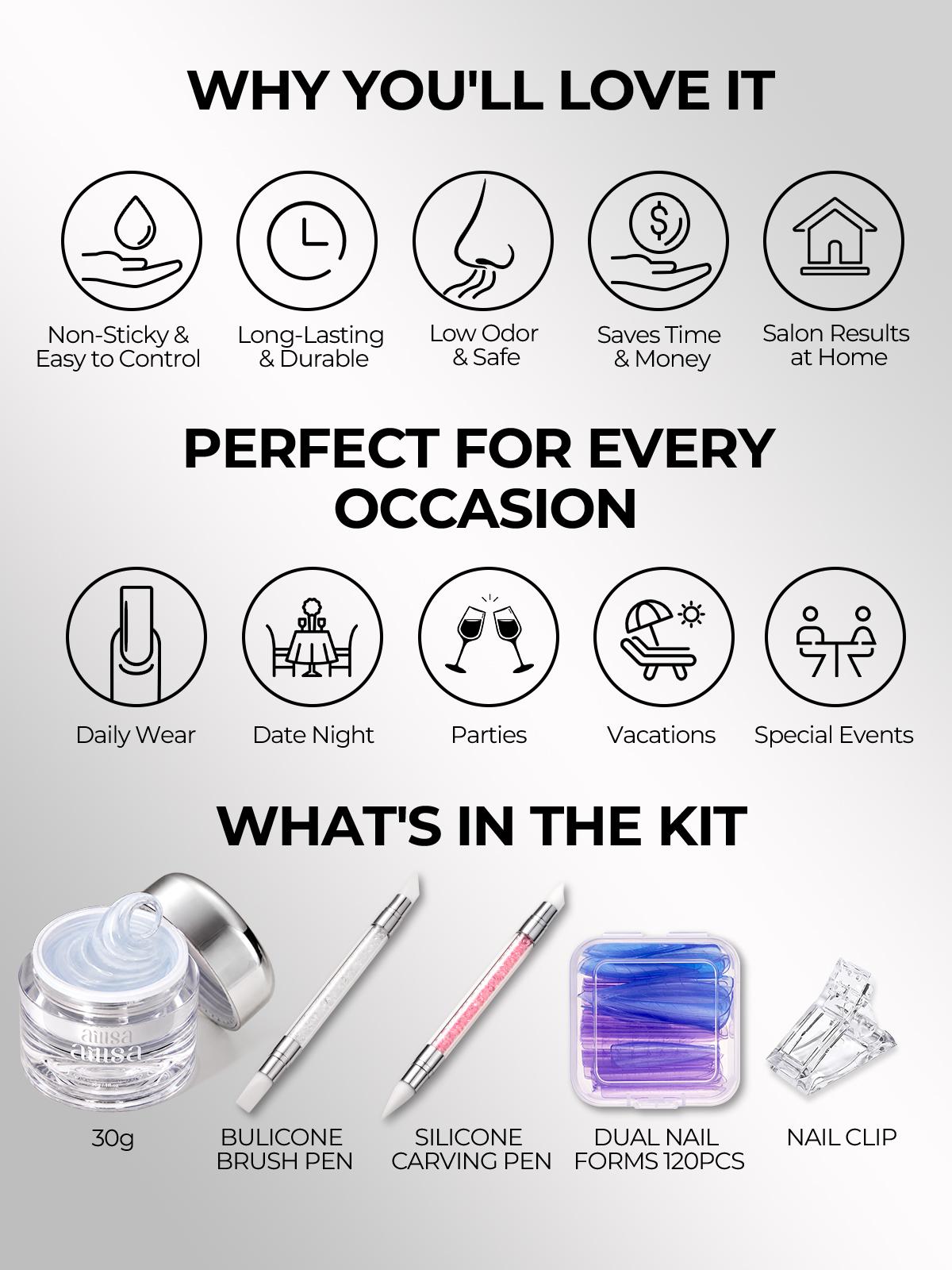 AILLSA Solid Builder Gel Nail Kit, 30g Non-Stick Hand Extension Gel with Dual Forms & Silicone Brushes, All-in-One Hard Gel Easy DIY Summer Nails Salon Manicure Starter Set for Beginners