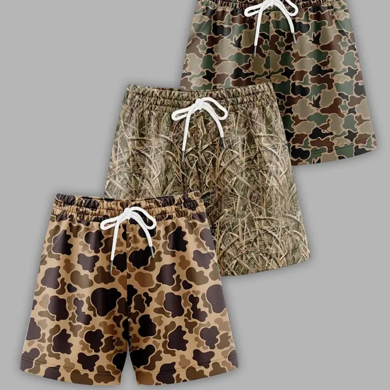 Men's 3-Piece Camouflage Print Shorts, Loose-Fit Drawstring Waist, Summer Casual Outdoors, Hiking Swimming Wear, Printed Swim Trunks, Swimwear Shorts, Bathing Shorts