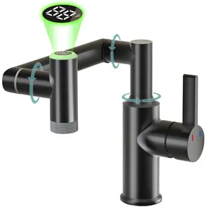 Single Hole Rotatable Bathroom Sink Faucet with 1080 Degree Swivel Temperature Display 2 Water Outlet Modes Adjustable Flow Control Led Light Bearing Steel Taps