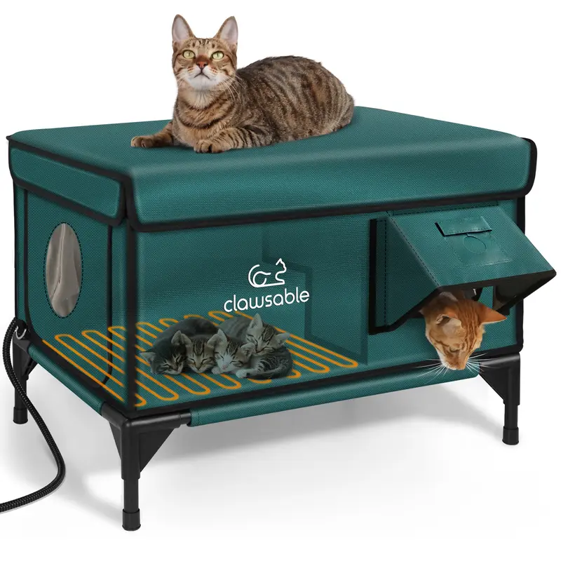 Clawsable Premium Heated Cat House for Outside in Winter, Elevated, 100% Waterproof, Safe Escape Door, Insulated Outdoor Feral Cat Shelter w/Heater for Stray Kitty