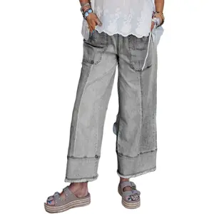 Asvivid Trendy Drawstring Seam Detail Raw Hem Wide Leg Denim Pants with Pockets for All Seasons Casual Wear Bottom Womenswear