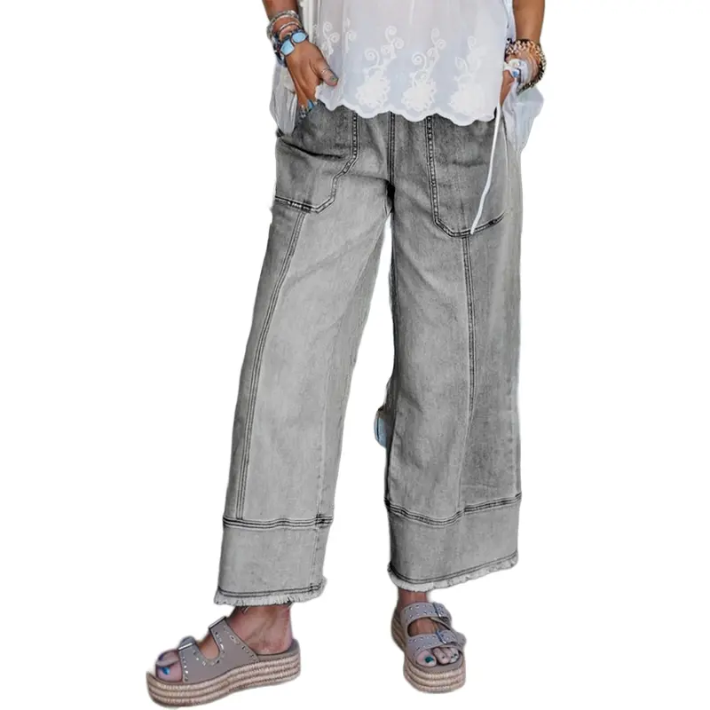 Asvivid Trendy Drawstring Seam Detail Raw Hem Wide Leg Denim Pants with Pockets for All Seasons Casual Wear Bottom Womenswear