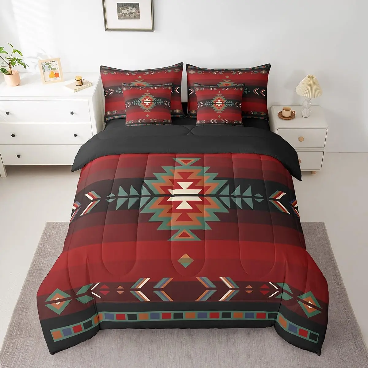 Feelyou 7-Piece Boho Bedding Set - Western Native Southwest Geometric Bedspread Set, Machine Washable, Multi-Size (Including Queen), Comforter, Sheets, Pillowcases, Pillow Shams