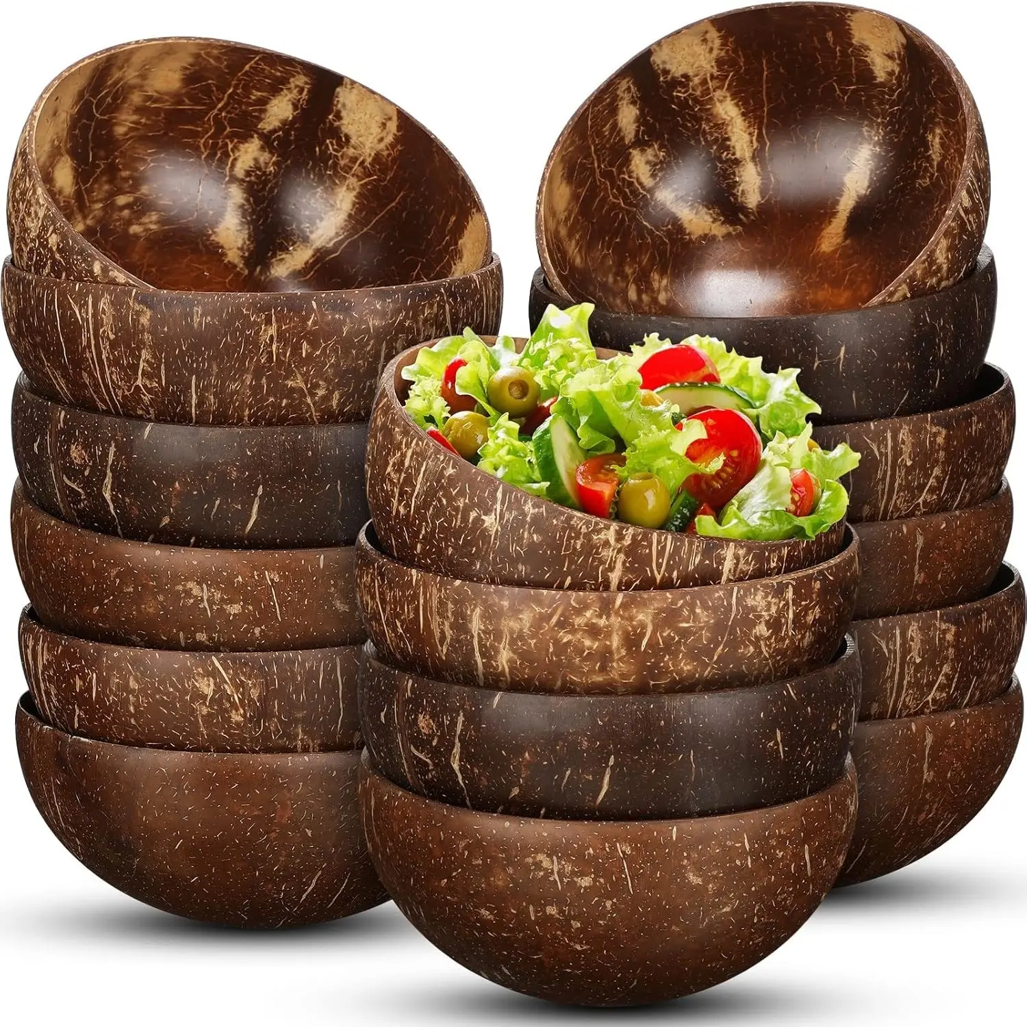16-Piece Coconut Shell Bowl Set, Polished Wooden Serving Bowls, Decorative Bowls, Aesthetic Natural Material, Ideal for Smoothies and Acai Salad, Perfect Gift for Vegans, Kitchen Decor Tableware
