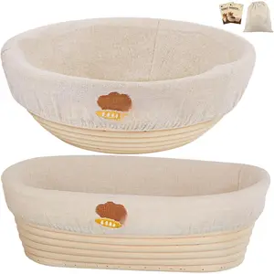 Banneton Bread Proofing Basket, Proofing Basket for Sourdough Bread Baking, Indonesian Rattan Bread Bowl Sourdough bread Baking Supplies with Linen Liner (9" Round + 10" Oval)