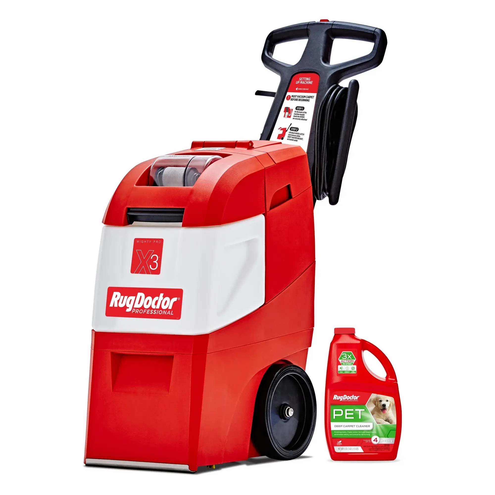 Rug Doctor Mighty Pro X3 Commercial Carpet Cleaner - Large Red Pet Pack, Includes 48 Oz Fresh Spring Deep Carpet Cleaner