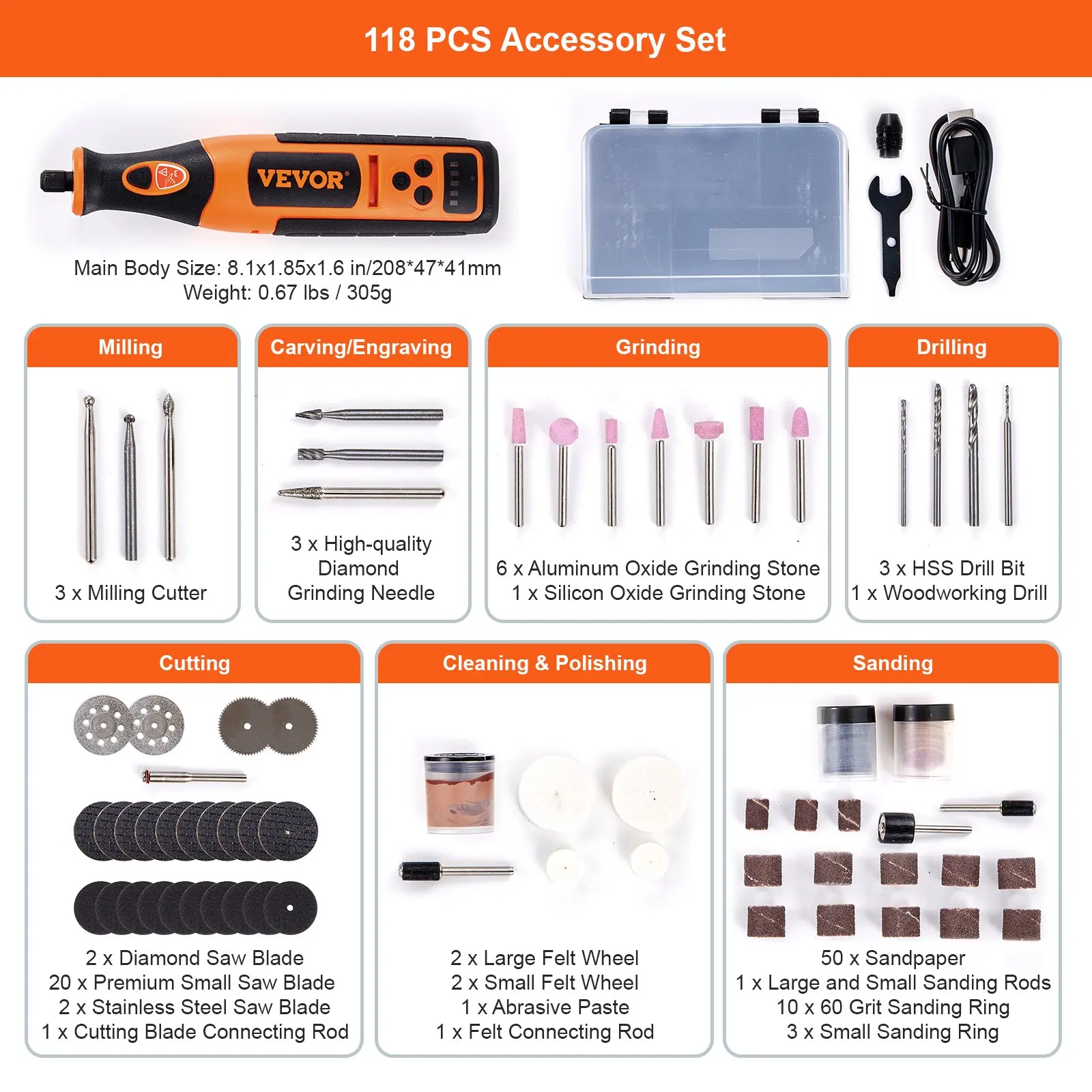 8V Rotary Tool + 118 PCS Accessories