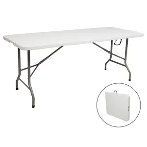 6/8 Foot Plastic Folding Table Portable Long Table for Indoor Outdoor Use Rectangular with Carrying Handle, Smooth HDPE Tabletop