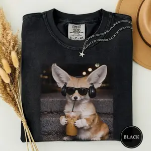 Comfort Colors Funny Fennec Fox Drinking Iced Coffee Shirt, Animal Meme Graphic Tee, Fox Lover Gift, Funny Fox Shirt, Coffee Lover Tee R3