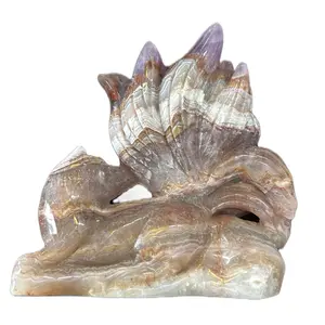 Large Polished Amethyst Lace Agate 9 Tailed Fox - Mythical Creature from East Asian Folklore with Unique Stories and Legends Crystal Home Decorative Natural Piece