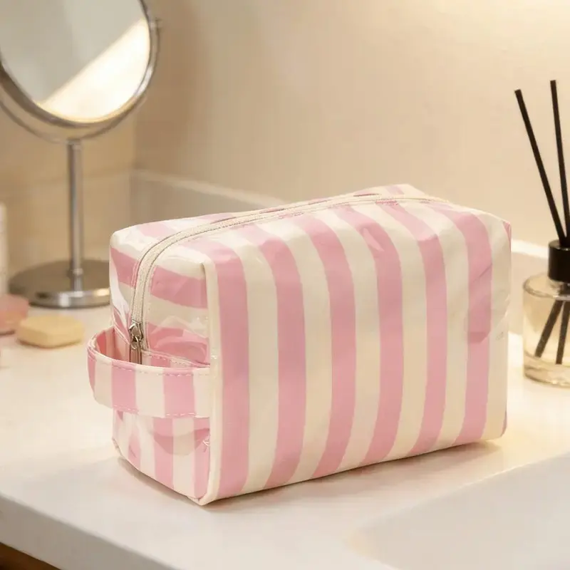 🎀 Cute Preppy Aesthetic | 1 Pc Striped Makeup Organizer Bag, Cosmetic Organizer Bag, Cosmetic Storage Bag | Portable Zipper Beauty Pouch For Girls
