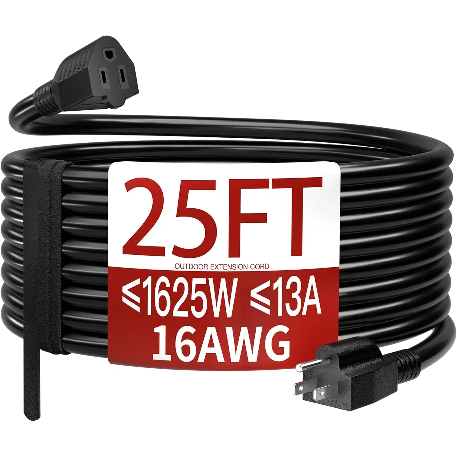 25FT Waterproof Outdoor Extension Cord, 16/3 SJTW 3 Prong Power Cable, 13 Amps 1625 Watts 125VAC, Heavy Duty ETL Listed Extension Wire for Lawn Garden Outdoor Appliances, Black