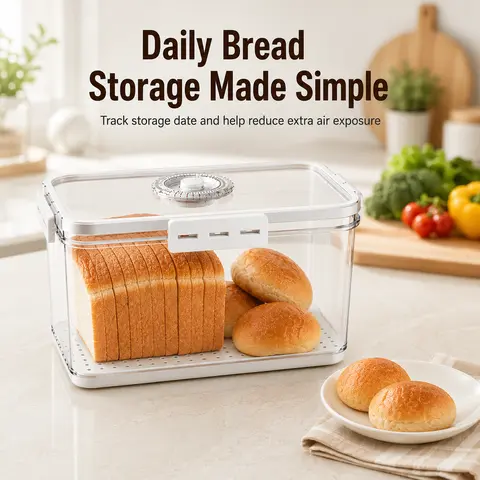 ONESHOW HOME Large Transparent ABS Plastic Airtight Bread Box with Built-in Date Recording Dial, 202oz Airtight Reusable Containers with Raised Drain Tray & Spacious Design, Leak-Proof Kitchen Pantry Storage Container, Mid-Year Sale