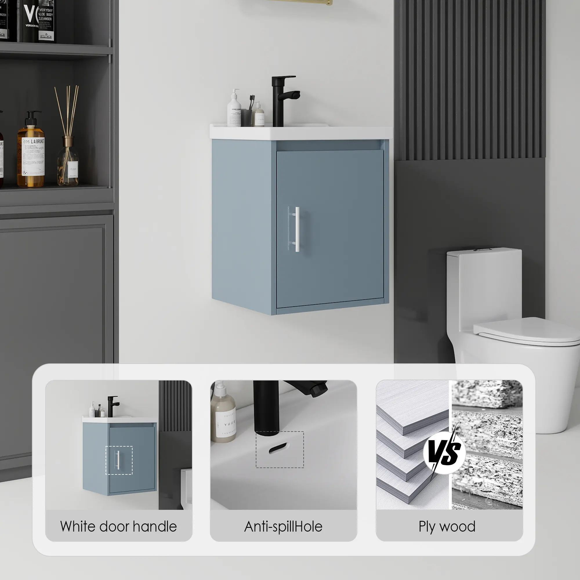 16-Inch Indoor Floating Bathroom Vanity with Square Ceramic Sink, Soft-Close Door, Eco-Friendly Plywood Construction, Skin Blue Finish Enhances User Experience