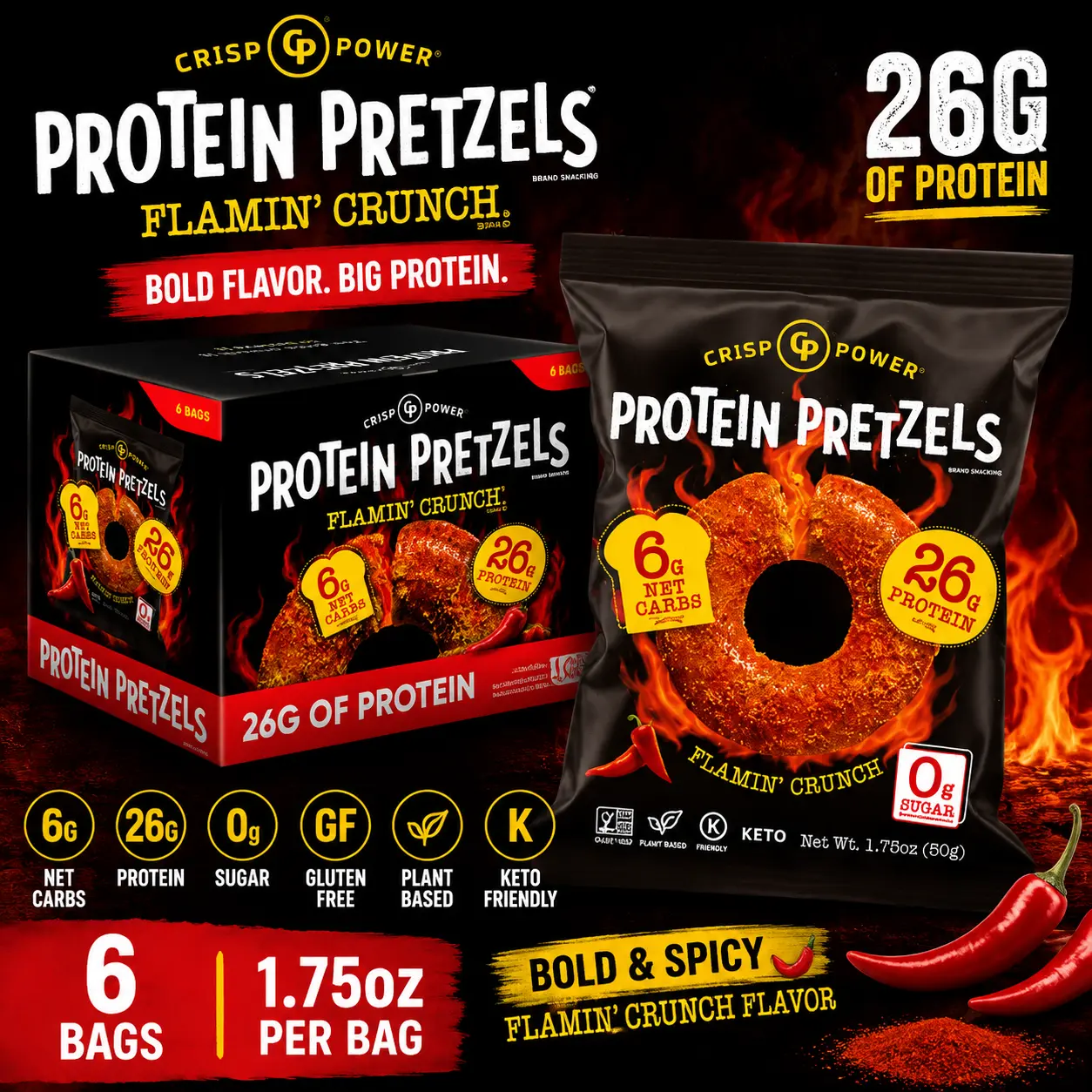 Crisp Power Protein Pretzels Flamin Crunch Hot 1.75 oz 6 Coun, Spicy High Protein Pretzel Snack | Crunchy Savory Protein Treat