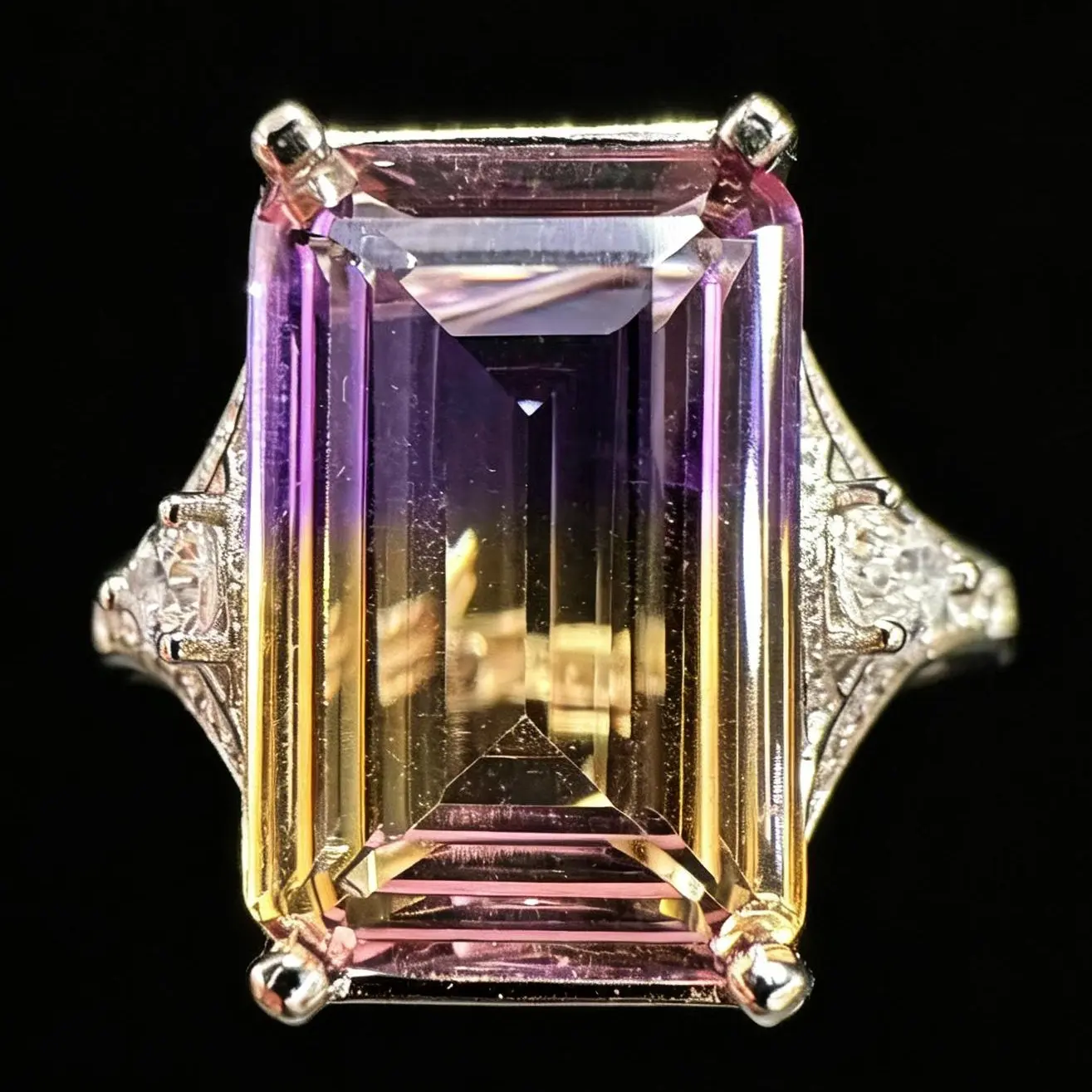 925 Sterling Silver Emerald Cut Bi-Color Ametrine Ring with Pave Cubic Zirconia, Adjustable Band, Vintage Cocktail Unique Rings for Formalwear
