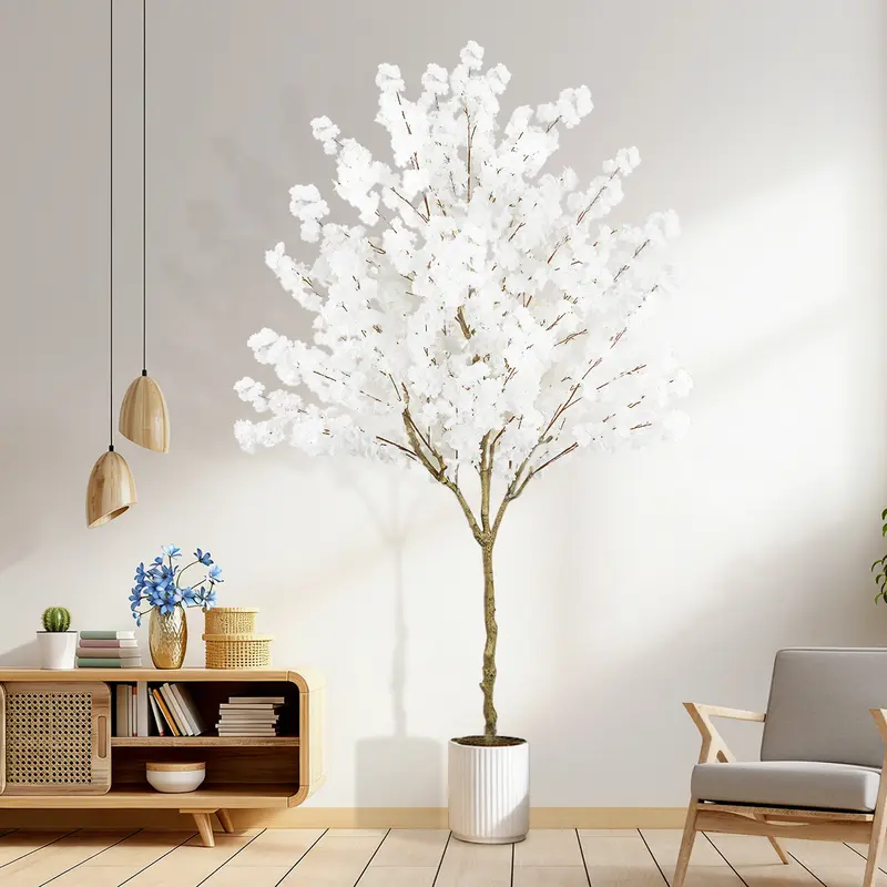 Elegant 6FT 7FT 8FT Artificial White Cherry Blossom Tree with Pot Lifelike Faux Floral Plant for Home Office Wedding Indoor Outdoor Decor