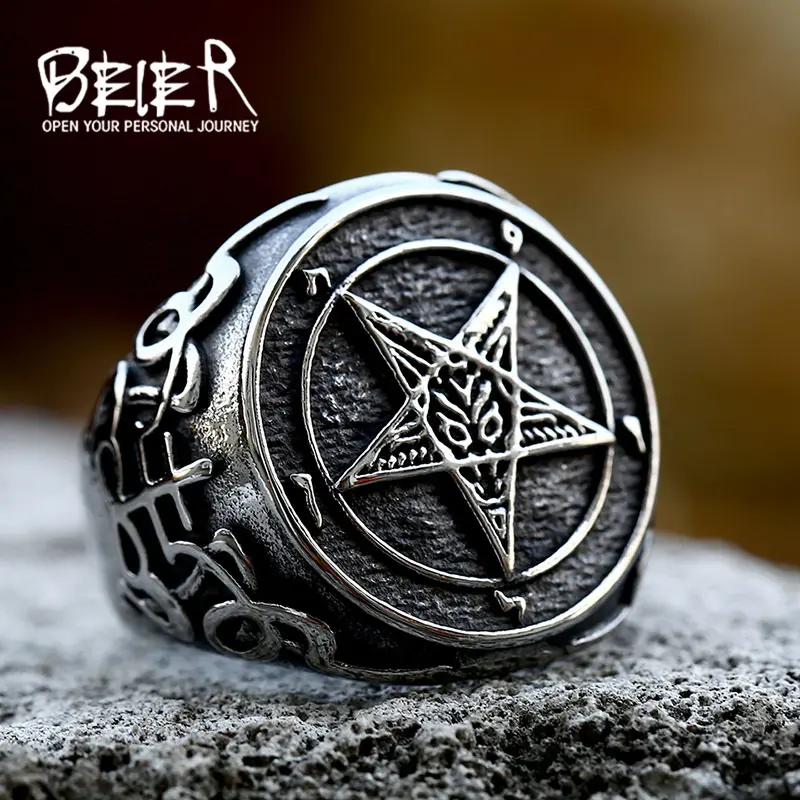 Beier New Devil Satan Titanium Steel Ring Jewelry Retro Stainless Steel Pentagram Men's Ring Punk Style leviathan  cross  jewelry