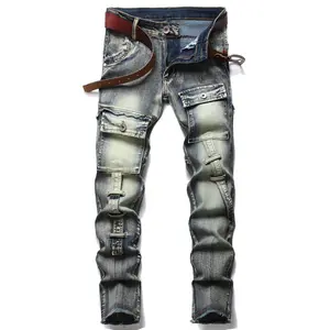 New Retro Men'S Jeans With Holesstraight Tube Slim Fit Patch Patchwork Fashionable And Personalized Cotton Casual Denim Pants