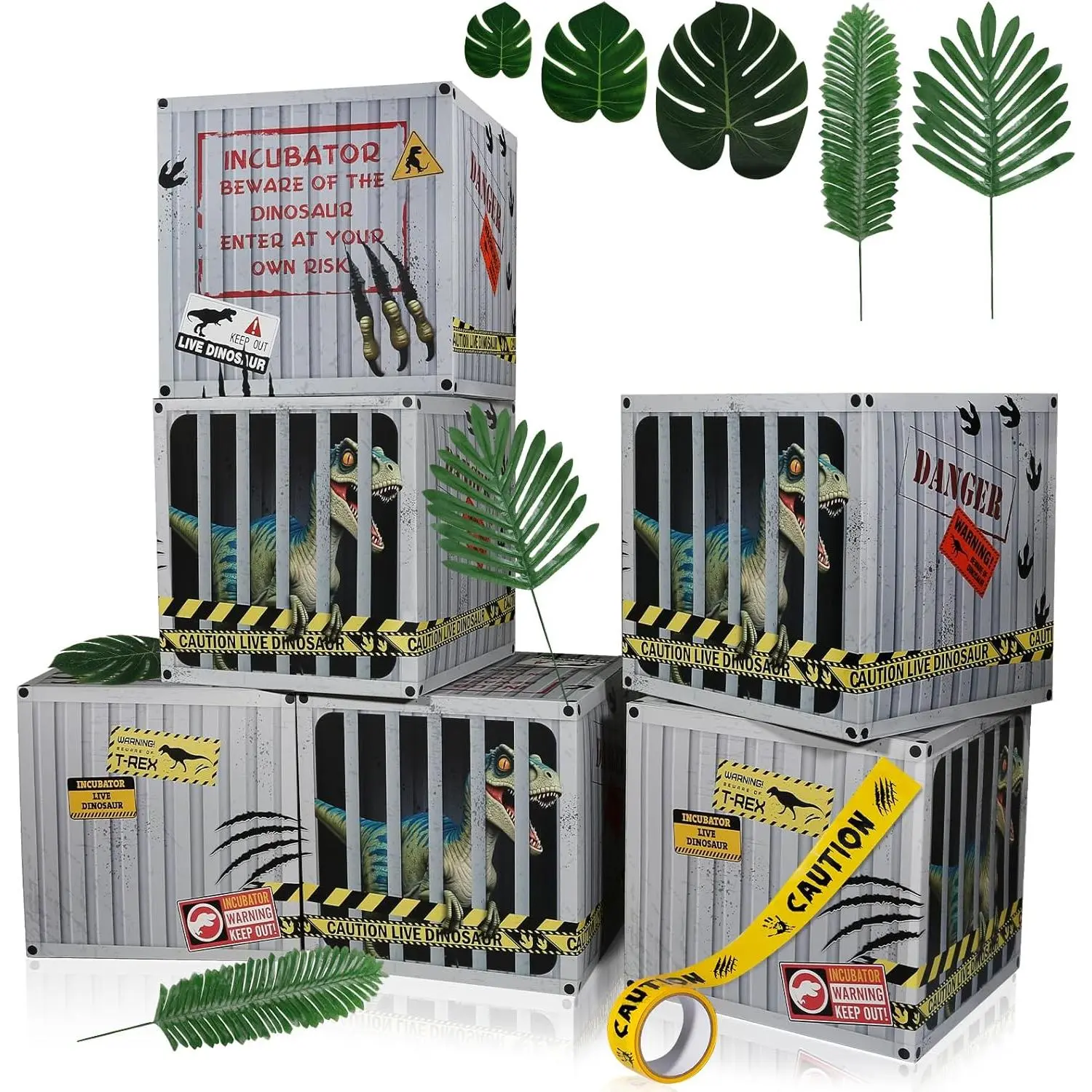 27-Piece Reusable Fade-Resistant Bright Dinosaur Happy Birthday Decorations Set - 6 11.8x11.8x11.8 In 250g Cardstock Dino Boxes, 20 Tropical Artificial Palm Plants, 1 Warning Tape, Jungle Home Supplies Props for Kids' Baby Shower Festive Use