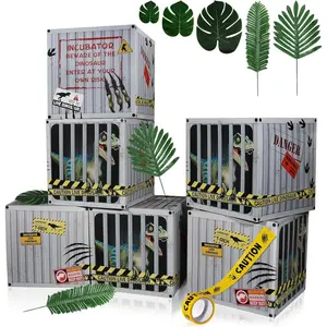 27 Pcs Dinosaur Birthday Party Decorations Set, 6 Dino Paper Boxes 20 Tropical Artificial Plants 1 Warning Tape, Jungle Dinosaur Party Supplies for Kids Boys Birthday Decor