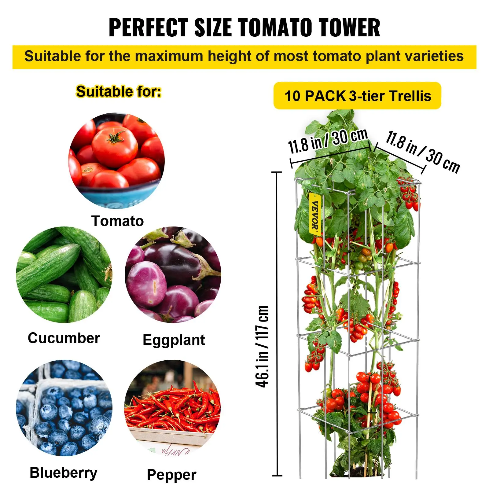 VEVOR 10-Pack 3-Tier Square Tomato Cages, 11.8"x11.8"x46.1"/117cm High Silver PVC-Coated Steel Garden Trellis with 11.8"x11.8"x30cm Openings & Ground Stakes, Outdoor/Greenhouse Plant Support Towers for Climbing Veggies to Grow Your Own (Father's Day Gift)