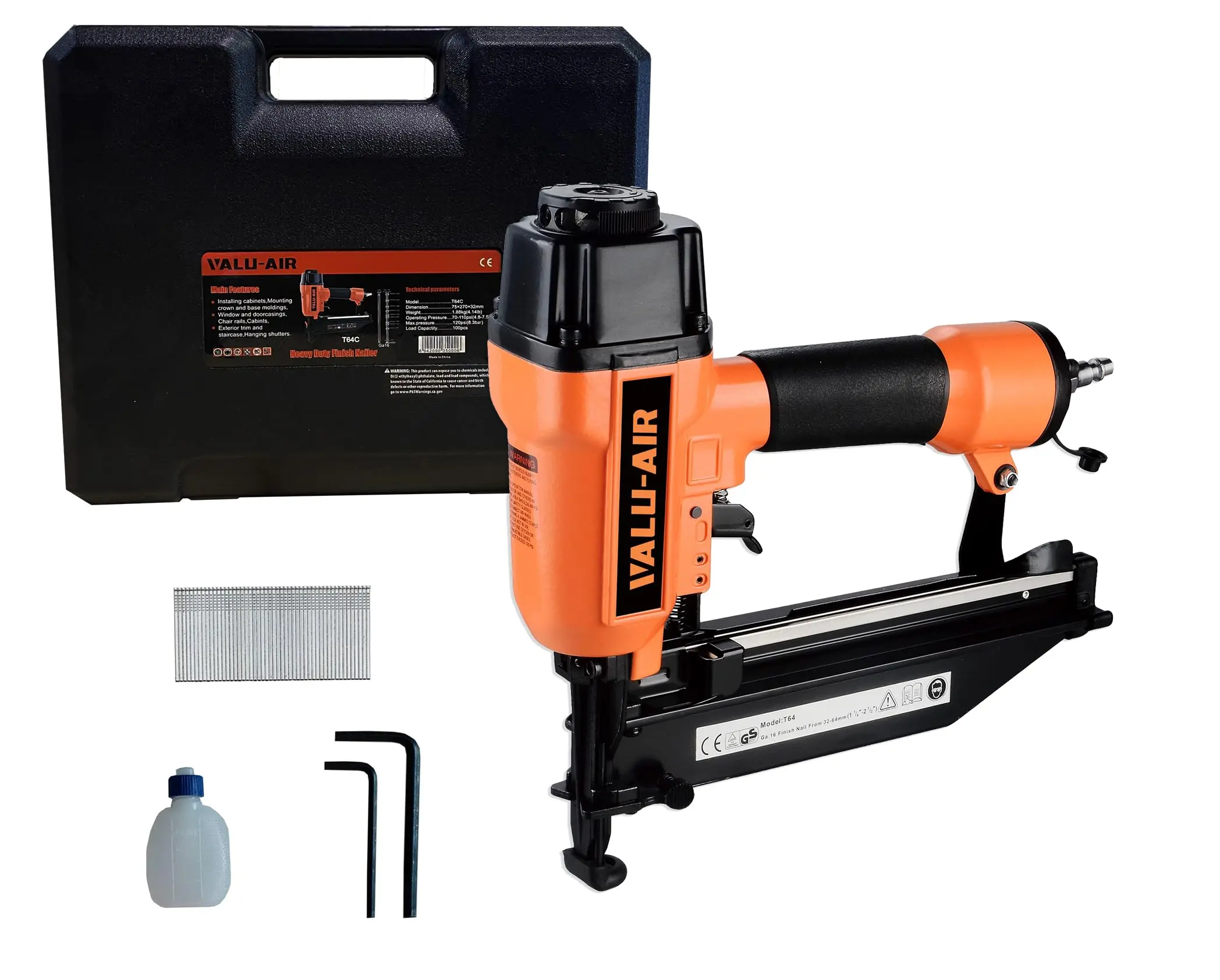 Valu-Air 16 Gauge Pheumatic Finish Nailer, 7/8-Inch to 2-1/2-Inch, with Carrying Case, Requires Air Compressor