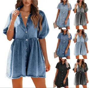 FMEYOA Womens Summer Denim Dress Button Down Short Sleeve Babydoll Dress Puff Sleeve Flowy Jean Dress