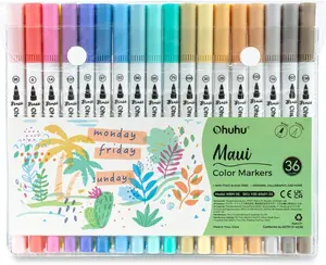 Ohuhu Maui 36 pastel colors Markers Water-based Dual Tips Fineliner&Brush Drawing Pens No Bleeding for Adult Coloring Art Markers Kids Sketch Journal