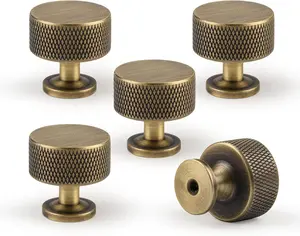 Antique Brass Kitchen Cabinet Knobs 5 Pack, 1.1Inch Knurled Brass Dresser Drawer Pulls, Modern Furniture Hardware Handles for Cupboard Wardrobe Vanity Closet Door