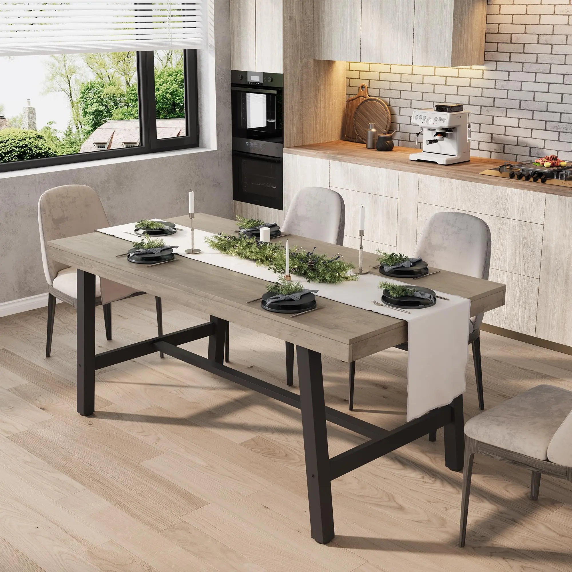 63 Large Long Dining Table for 4-6 People, Rustic Wood Kitchen Table with Sturdy Black Metal Legs, Industrial Rectangle Patio Table