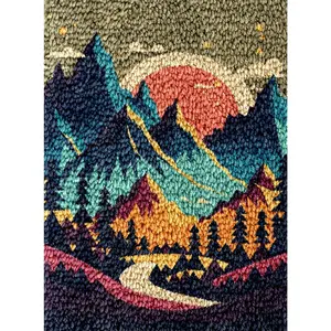 Adults DIY Latch Hook Rug Kit with Printed Canvas Crochet Yarn, Sunset Mountain Tree Landscape Carpet Cushion Craft for Home Decor Pet Warm Pad 60x40cm