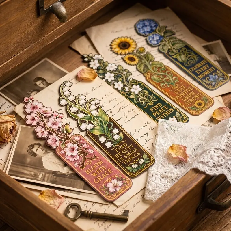 1 set of 5 retro floral inspirational bookmarks, cherry blossom, lily of the valley, jasmine, sunflower, embroidered ball series can be rewarded to students or collected