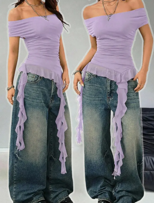 Women's Summer Purple Seksi Chic Party Night Off The Shoulder Mesh Ruffle Asymmetrical Hem Tops,Streetwear Y2k Music Festival Concert