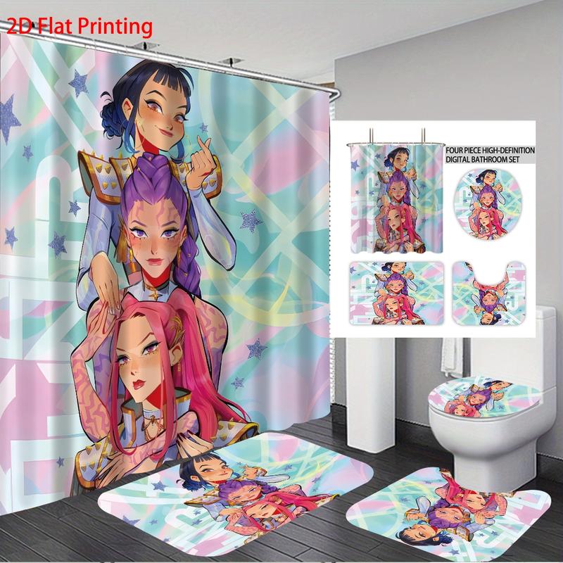 4pcs K-POP Demon Hunters Bathroom Set, Shower Curtain with Hooks, Non-Slip Bath Rug, U-Shaped Toilet Mat, Toilet Lid Cover, Bathroom Shower Equipment, Bathroom Decoration Accessories