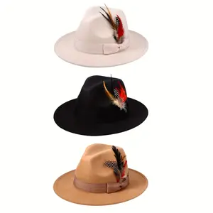 Wide Brim Felt Flongo Classic Jazz Hat Feather Fedora Panama Cap For Men Women